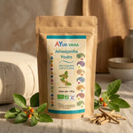 Ashwagandha bio en poudre Ayurvana avec plante fraîche et ambiance bien-être
