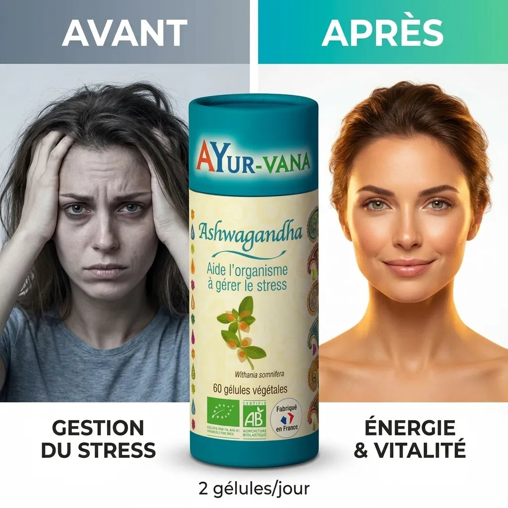 Comparaison avant/après Ashwagandha Bio vegan en gélules pour gestion du stress et énergie