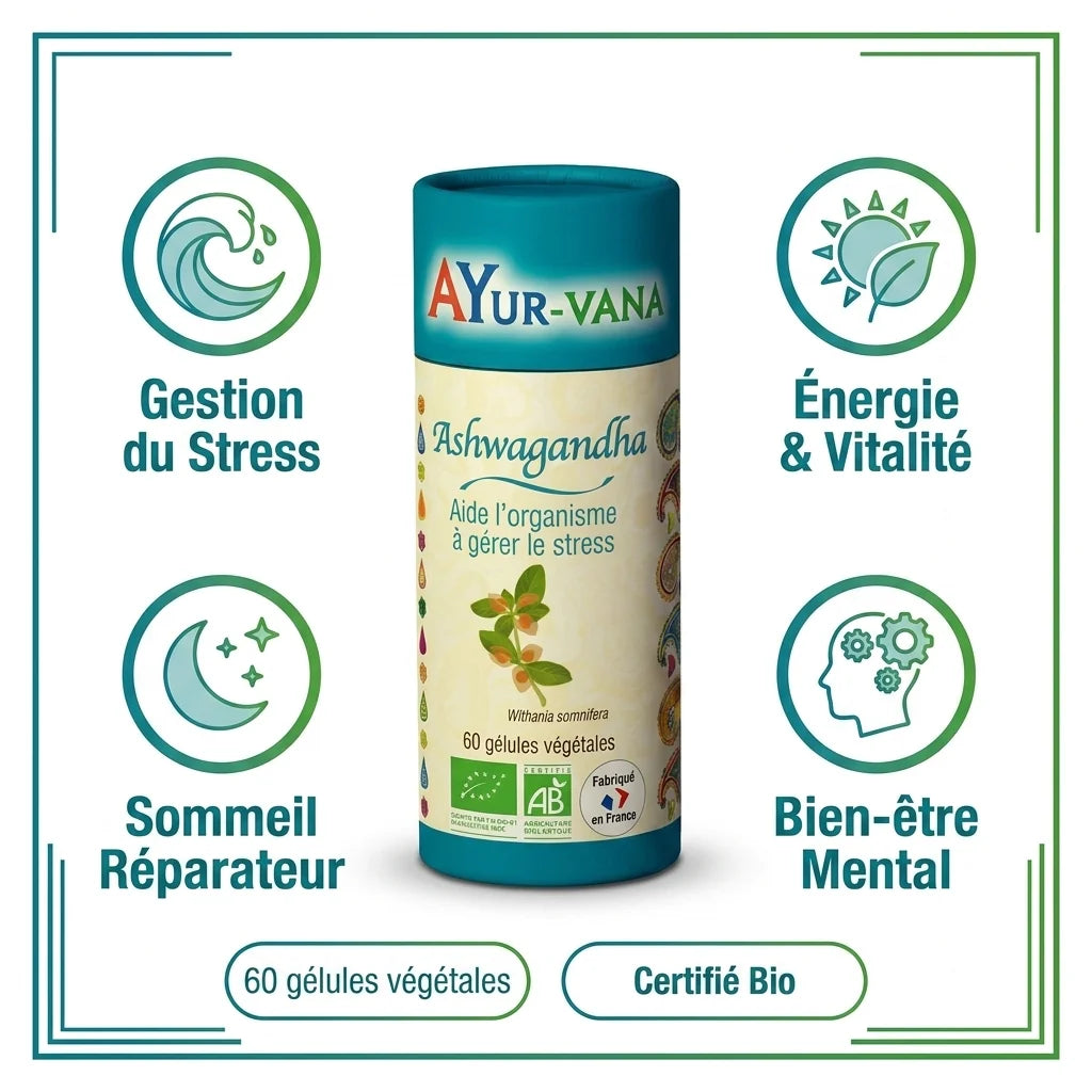 Ashwagandha Bio vegan Ayur-Vana en gélules avec bénéfices stress, énergie, sommeil et bien-être