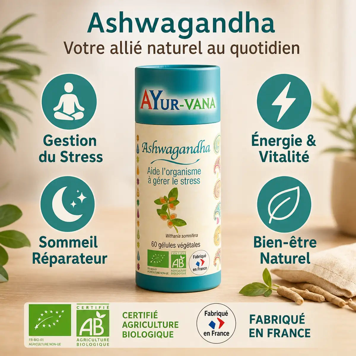 Ashwagandha bio vegan gélules AYur-vana avec bénéfices stress sommeil énergie bien-être