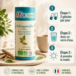 Ashwagandha Bio vegan en gélules AYur-vana avec guide posologie et éléments wellness naturels