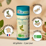 Complément Ashwagandha bio vegan en gélules avec Withania Somnifera, certifié bio et fabriqué en France