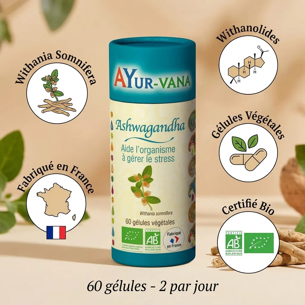Complément Ashwagandha bio vegan en gélules avec Withania Somnifera, certifié bio et fabriqué en France