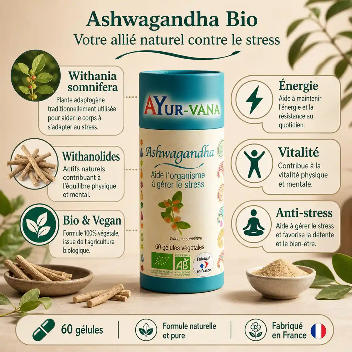 Ashwagandha Bio vegan 60 gélules - Withania somnifera pour énergie et anti-stress