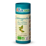 Ashwagandha bio vegan en gélules Ayur-Vana, bouteille teal avec certifications organiques, 60 capsules