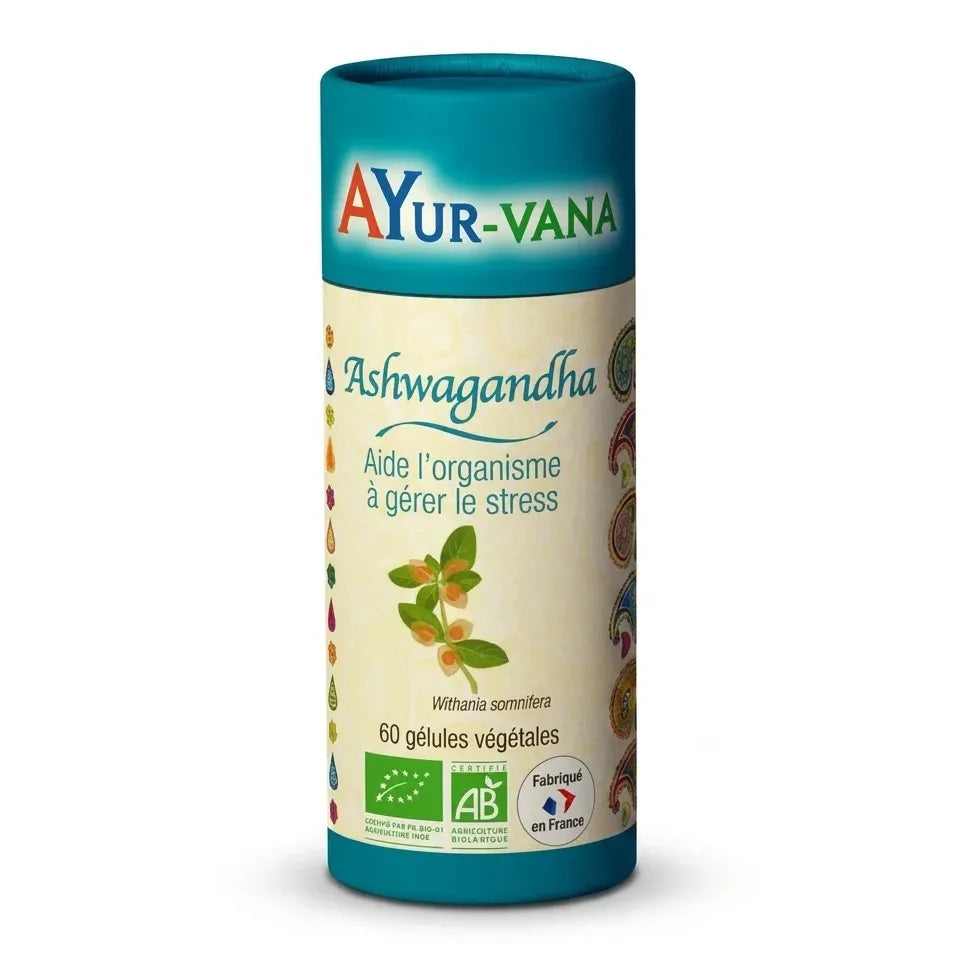 Ashwagandha bio vegan en gélules Ayur-Vana, bouteille teal avec certifications organiques, 60 capsules