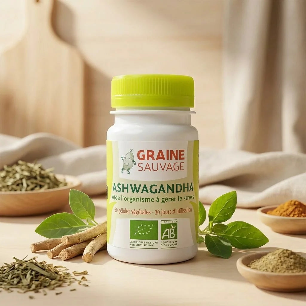 Graine Sauvage Ashwagandha bio en gélules avec racines et feuilles fraîches sur fond bois