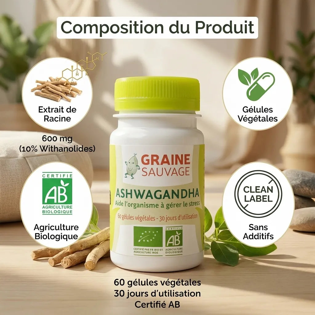Ashwagandha bio en gélules avec extrait de racine, certification AB et composition détaillée