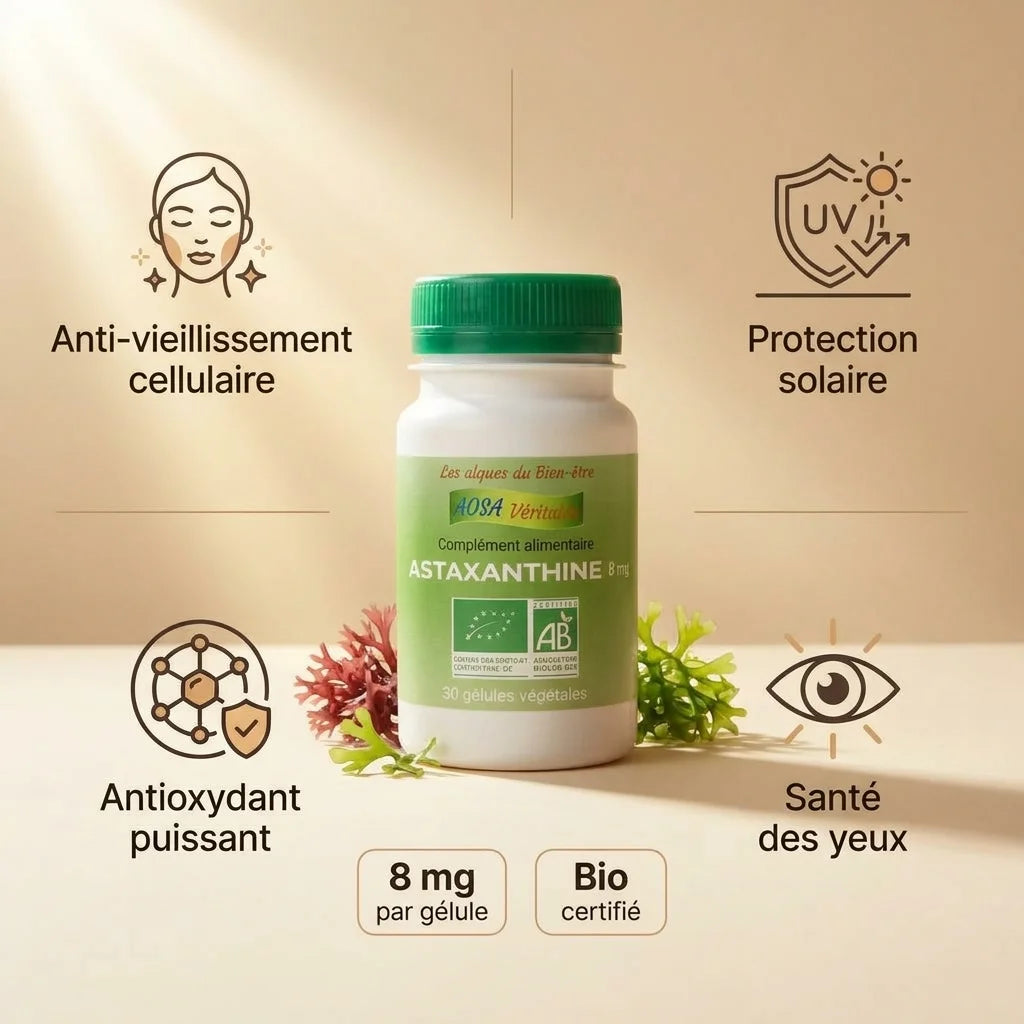 Astaxanthine bio en gélules avec bénéfices : anti-âge, protection solaire, antioxydant, santé des yeux
