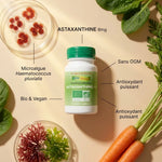 Astaxanthine bio vegan en gélules avec microalgue Haematococcus pluvialis, ingrédients naturels et antioxydant puissant