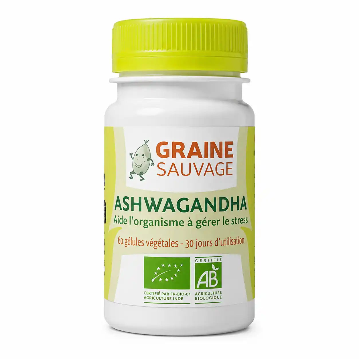 Ashwagandha bio en gélules Graine Sauvage, flacon avec bouchon vert, certifié AB