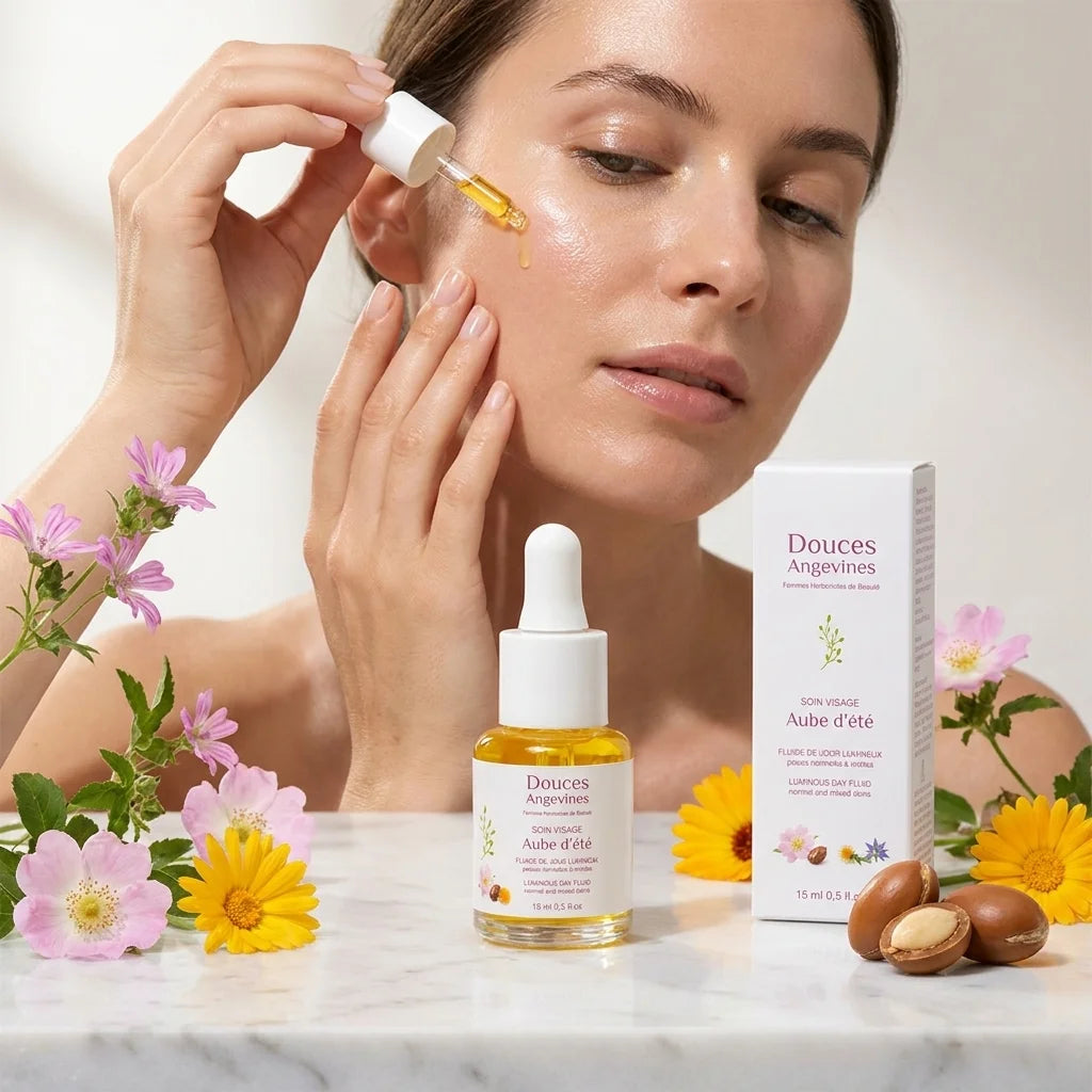 Aube d'été soin jour fluide facial doré avec fleurs botaniques sur marbre blanc