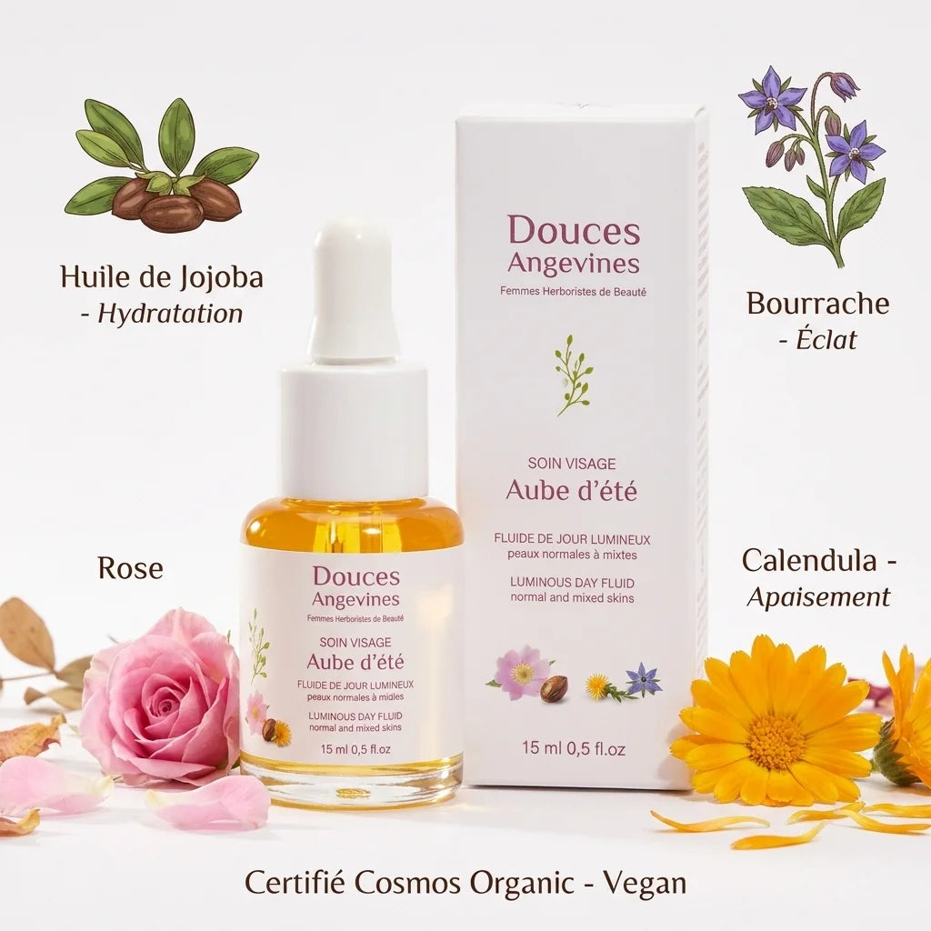 Aube d'été soin jour fluide avec ingrédients naturels : jojoba, bourrache, calendula et rose certifiés bio