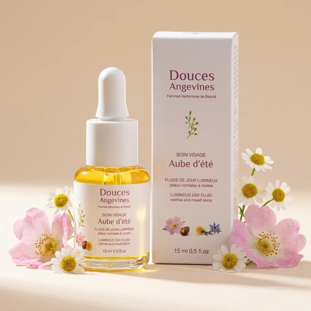 Aube d'été soin jour Douces Angevines flacon blanc sur fond pastel avec fleurs botaniques