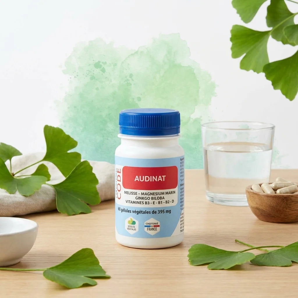 Audinat en gélules avec feuilles de ginkgo biloba et verre d'eau sur bureau wellness
