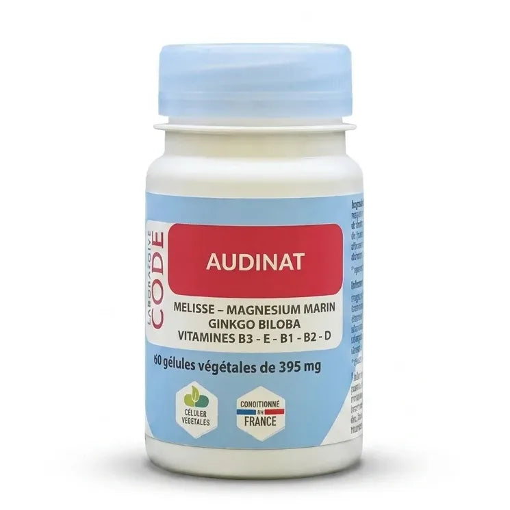 Flacon Audinat gélules blanc et bleu avec étiquette rouge sur fond blanc