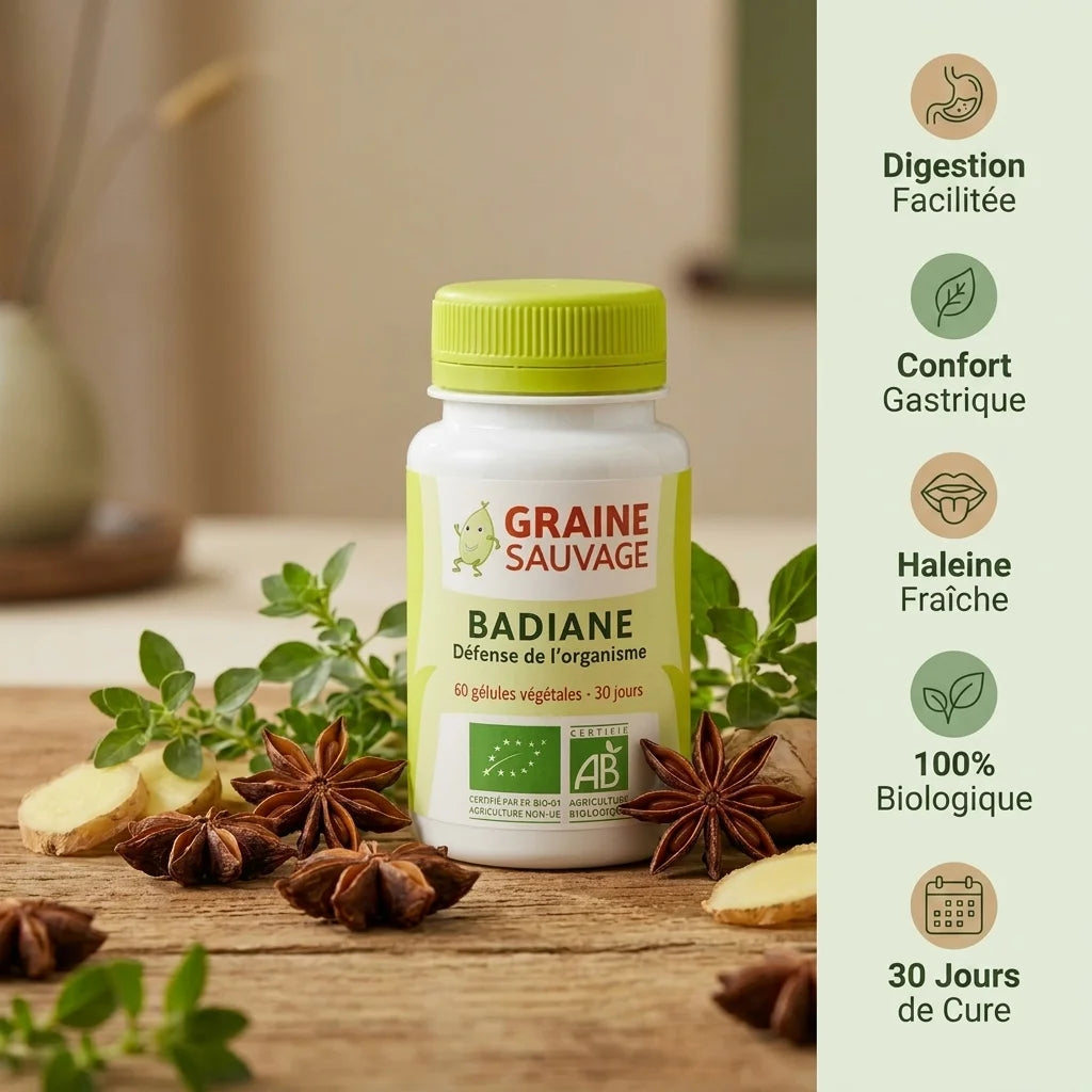 Badiane Bio en gélules avec bénéfices : digestion, confort gastrique, haleine fraîche et cure 30 jours