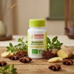 Gélules Badiane Bio Graine Sauvage avec étoile d'anis et gingembre sur surface bois naturelle