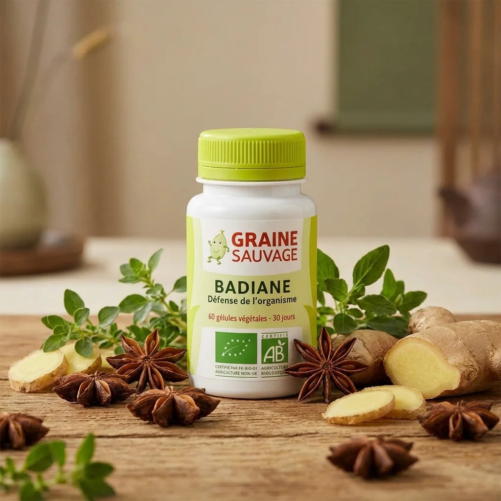Gélules Badiane Bio Graine Sauvage avec étoile d'anis et gingembre sur surface bois naturelle