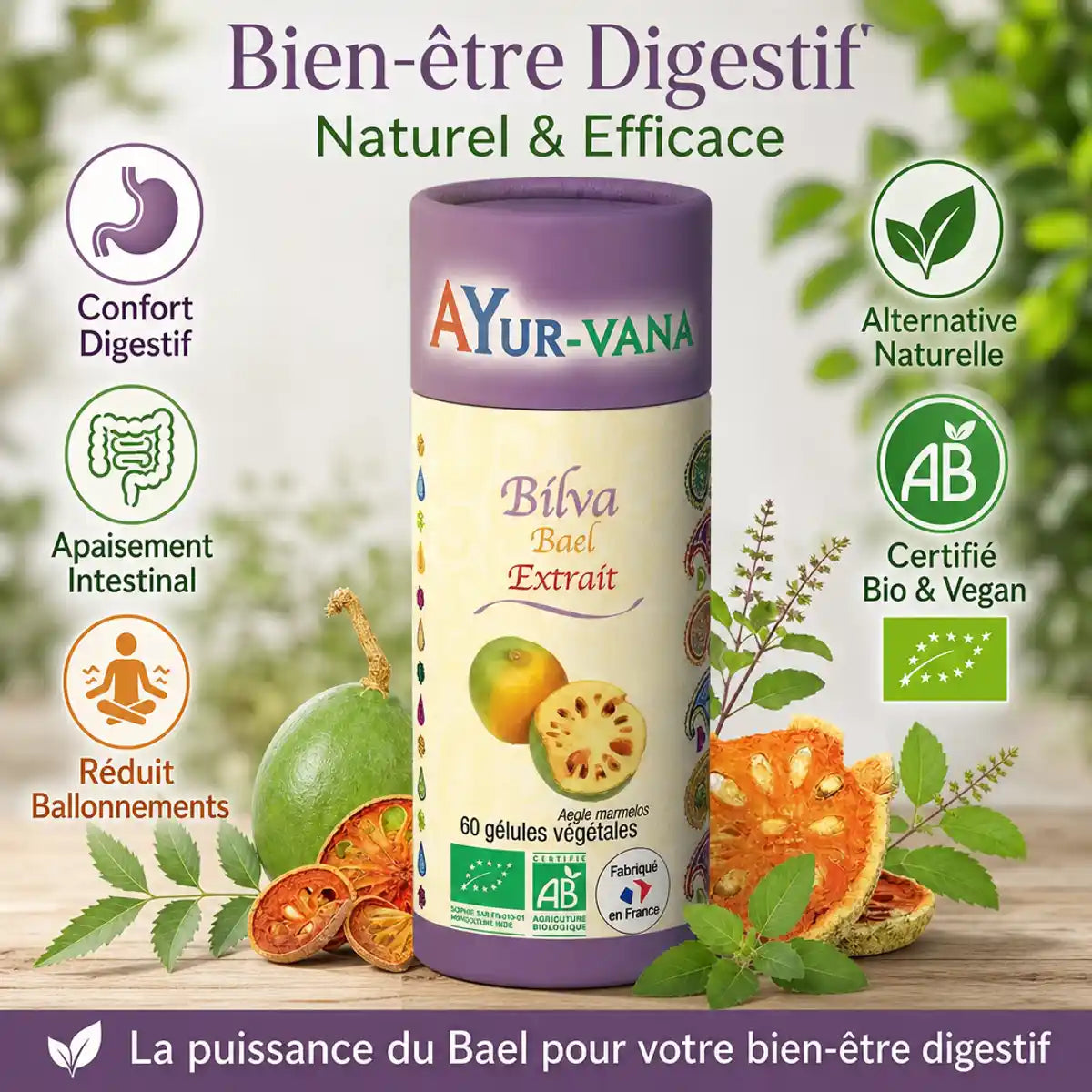 Gélules Bael Bilva Bio Ayur-Vana avec bénéfices digestifs, confort intestinal et certification bio vegan