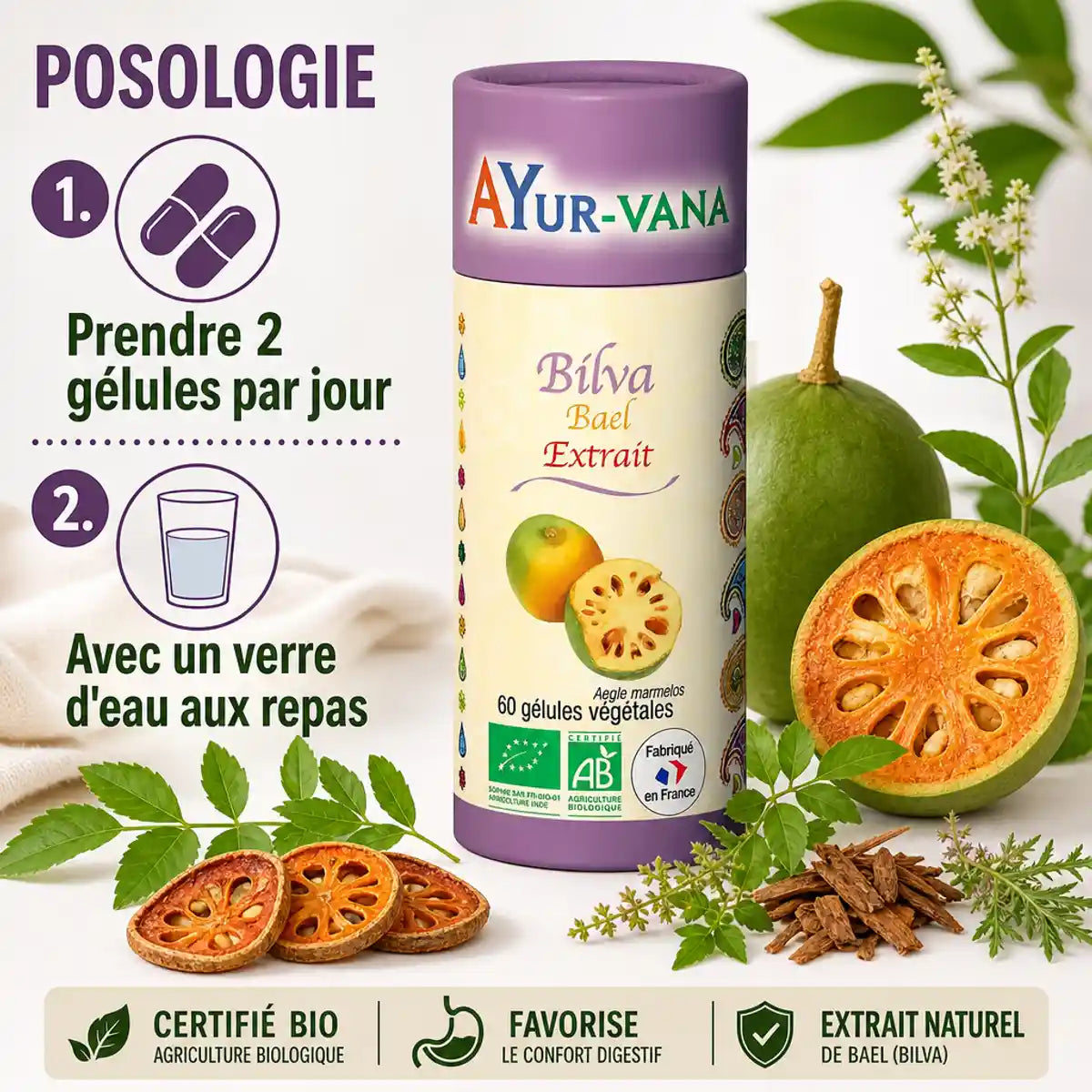 Gélules Bael Bilva Bio Ayur-Vana avec posologie, fruits et herbes médicinales sur fond blanc