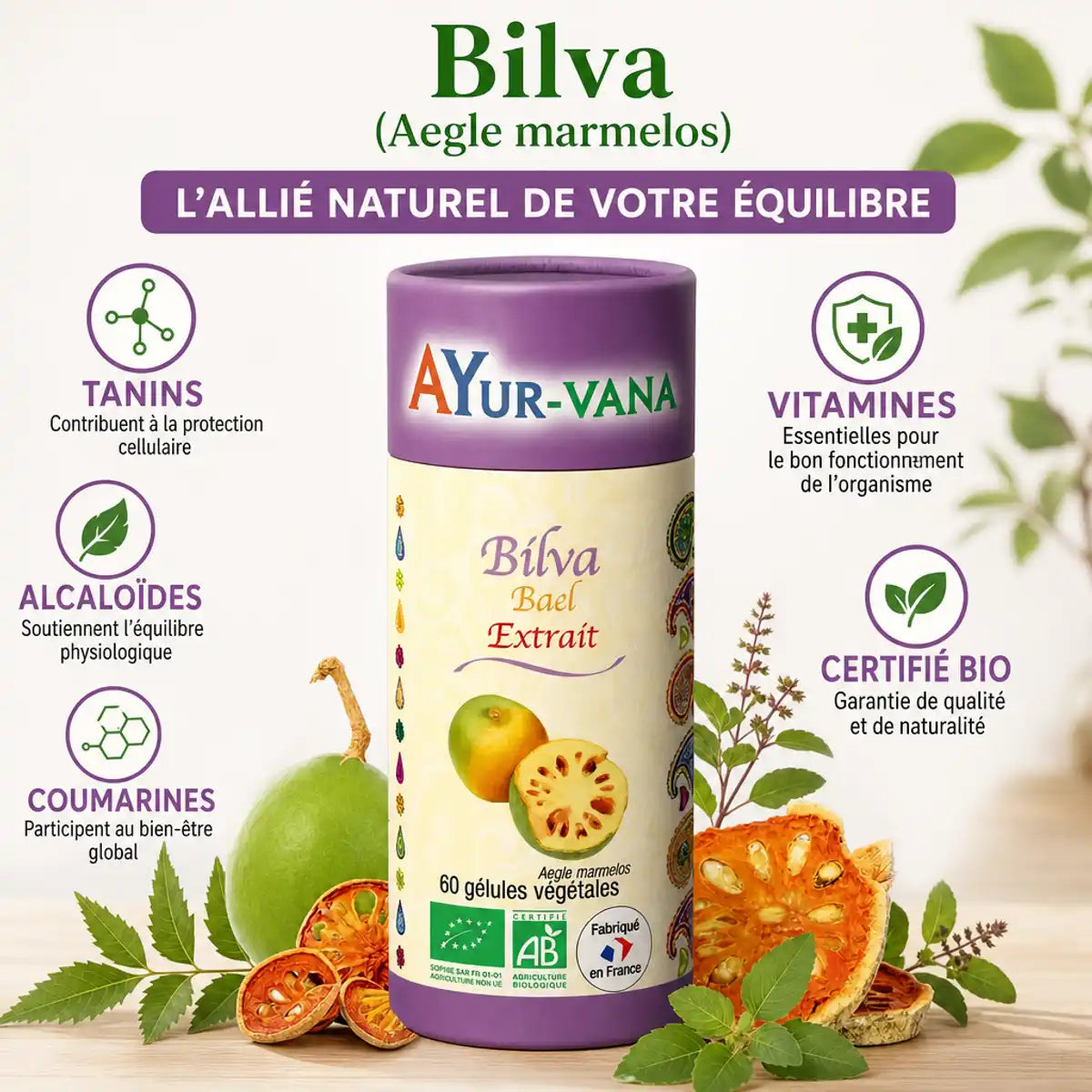 Gélules Bilva Bael Bio Ayur-Vana avec ingrédients actifs et certification organique