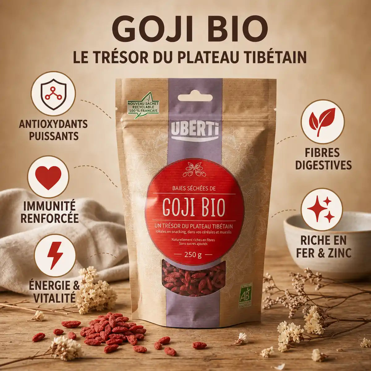 Baies de Goji bio 250g - Bénéfices antioxydants, immunité et énergie