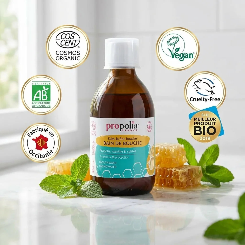 Bain de bouche bio Propolis & Menthe Propolia avec certifications AB et Cosmos Organic