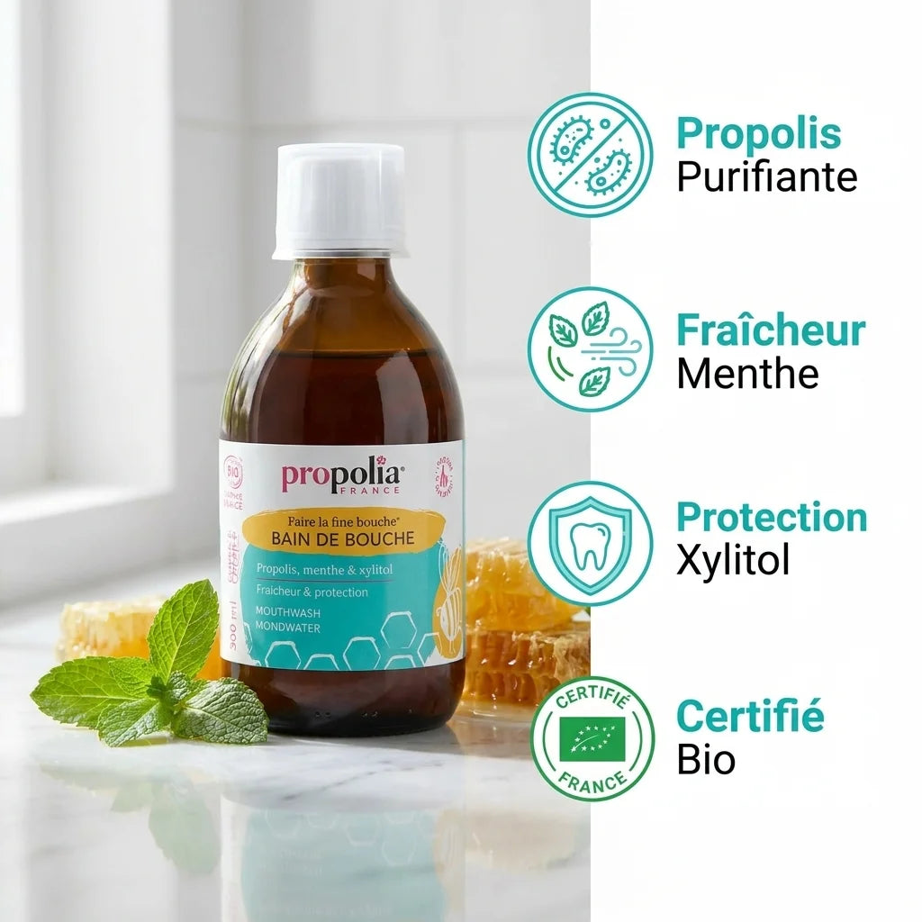 Bain de bouche bio Propolis & Menthe Propolia avec feuilles de menthe et certifications