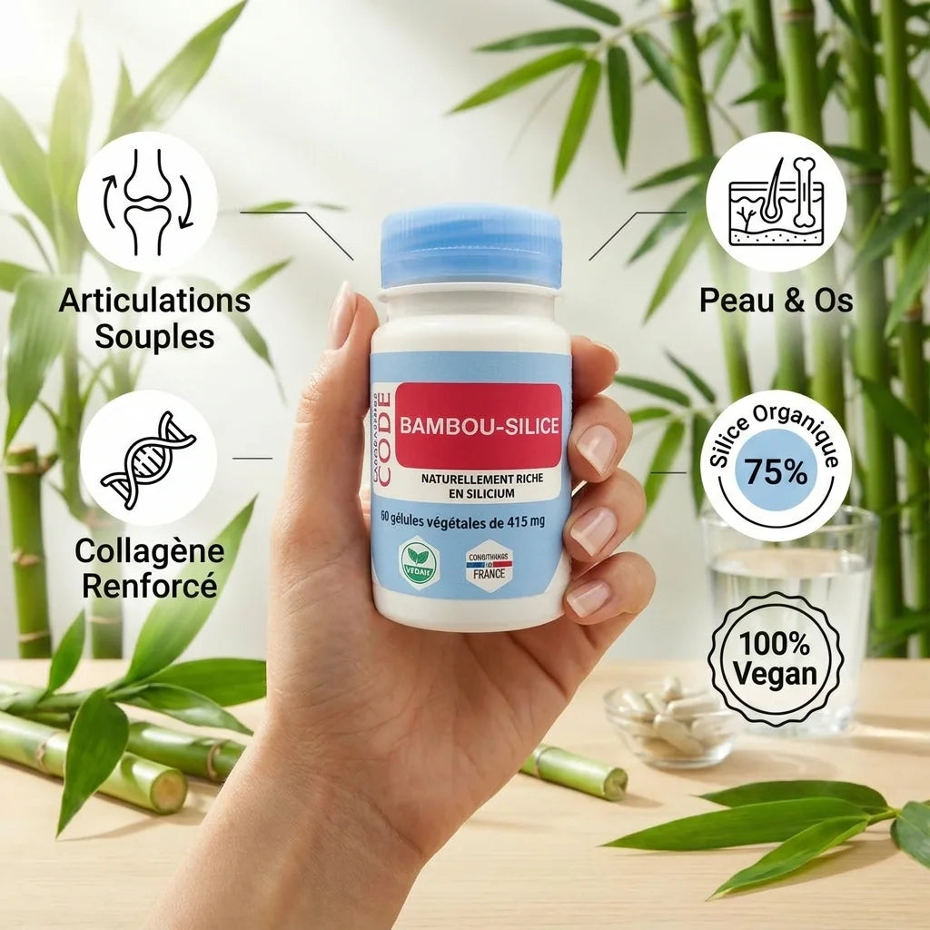 Bambou Silice Vegan 60 gélules avec infographie bénéfices articulations peau os silice organique