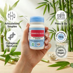 Bambou Silice Vegan 60 gélules avec infographie bénéfices articulations peau os silice organique