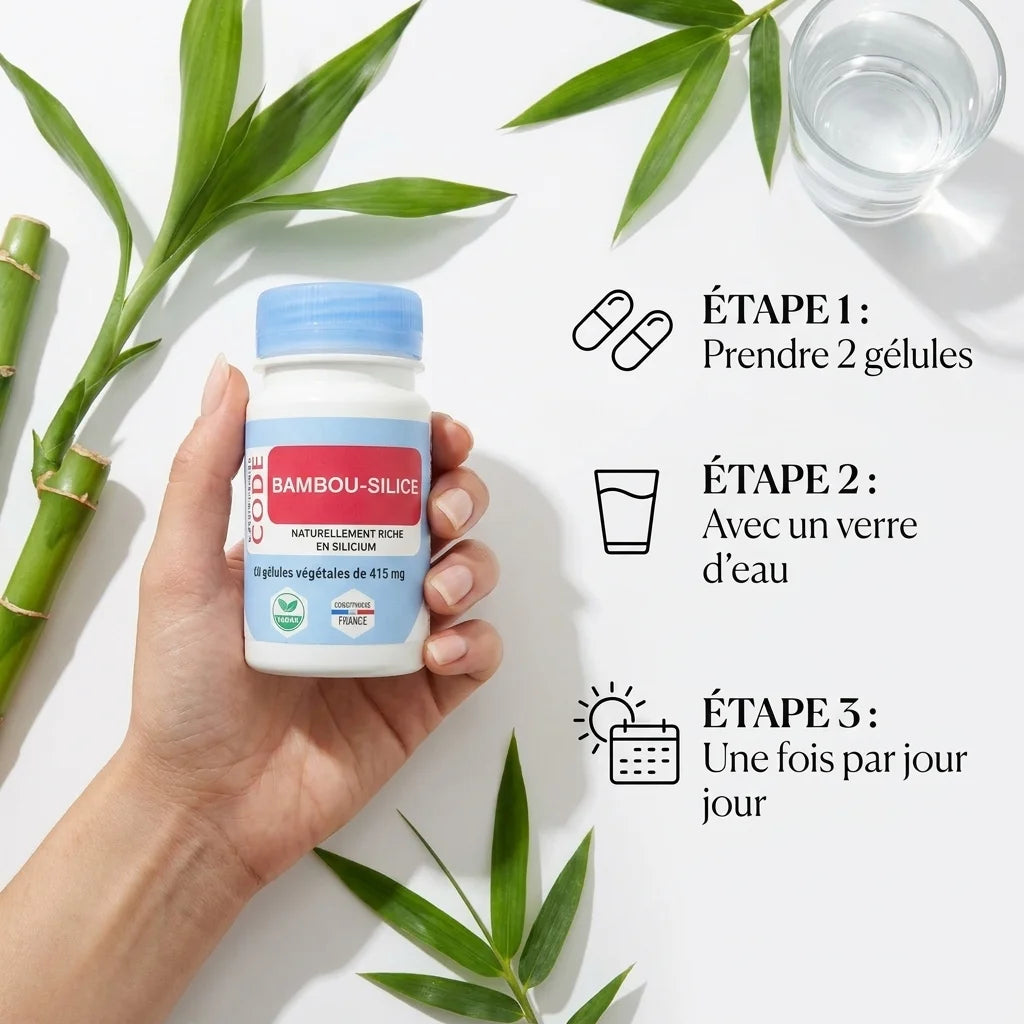 Bambou Silice 60 gélules avec dosage: 2 gélules par jour, verre d'eau, flacon bleu