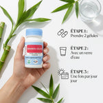 Bambou Silice 60 gélules avec dosage: 2 gélules par jour, verre d'eau, flacon bleu