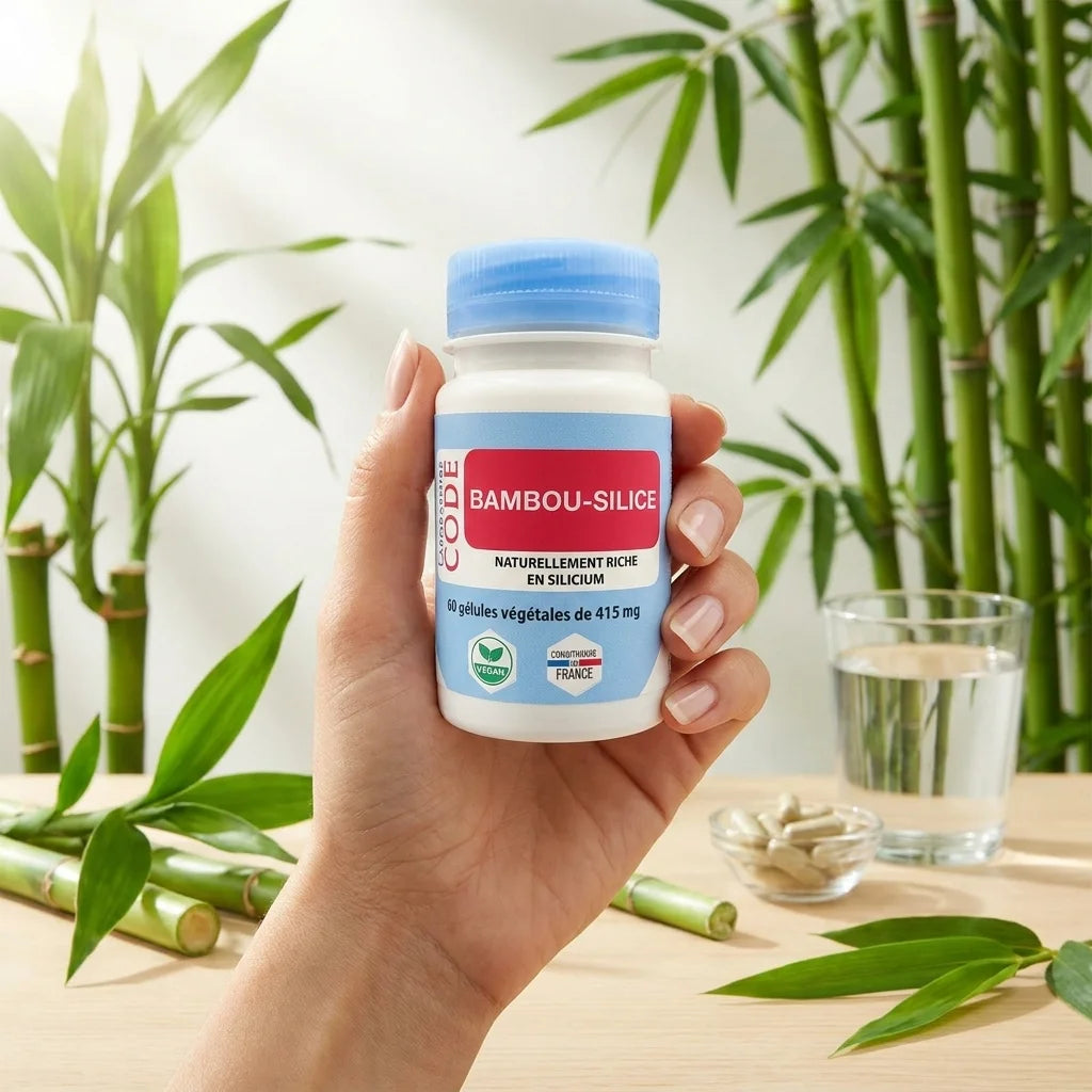 Flacon Bambou Silice vegan 60 gélules tenu en main lors d'une routine de bien-être matinale