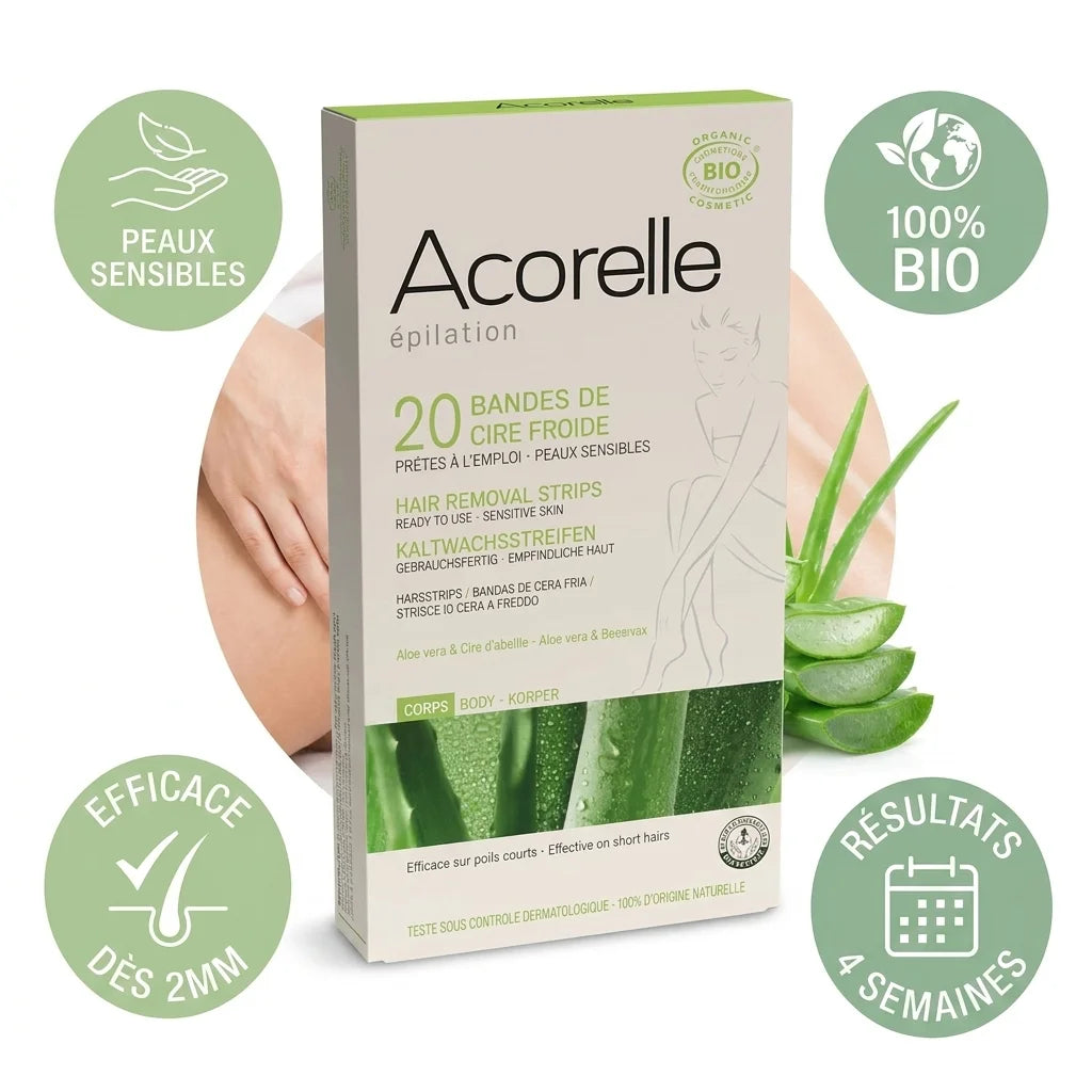 Bandes de cire froide bio Acorelle pour peaux sensibles, 100% naturel, résultats garantis