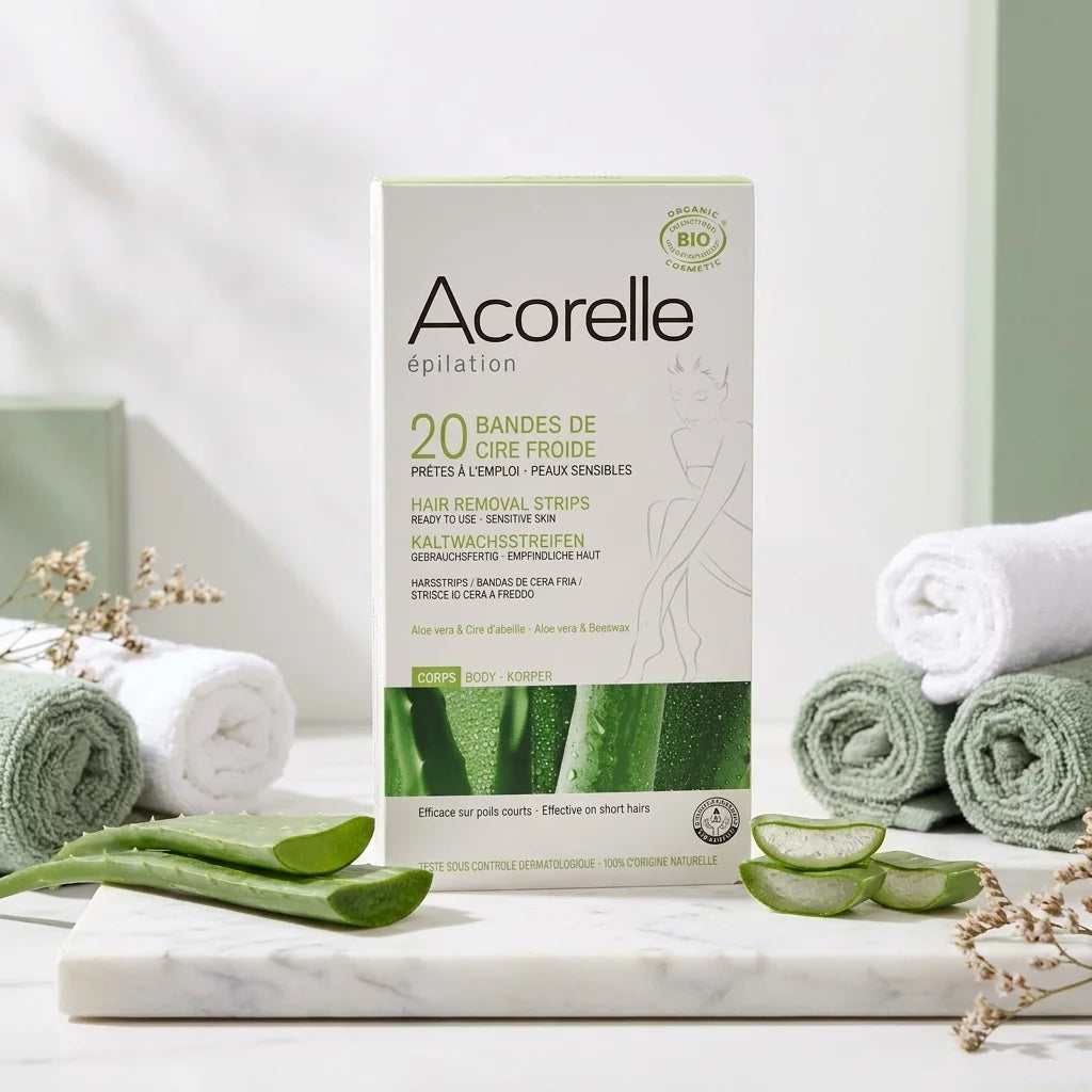 Bandes de cire froide bio Acorelle sur marbre avec feuilles d'aloe vera