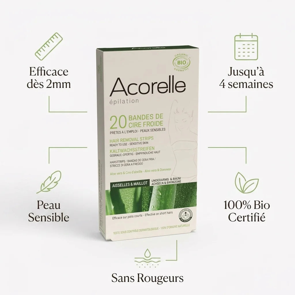 Bandes de cire froide bio Acorelle avec bénéfices: efficace, longue tenue, peau sensible, certifié bio
