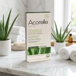 Bandes de cire froide bio Acorelle pour épilation maillot sur vanité salle de bain