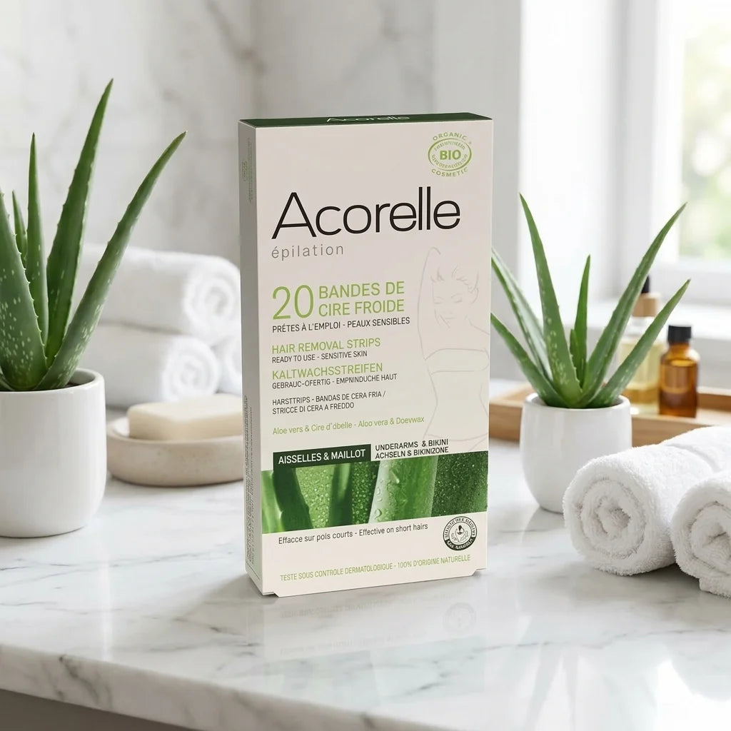 Bandes de cire froide bio Acorelle pour épilation maillot sur vanité salle de bain
