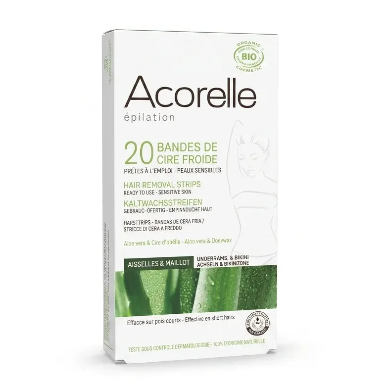 Boîte de bandes de cire froide bio Acorelle pour épilation maillot sur fond blanc