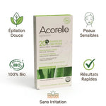 Bandes de cire froide Acorelle avec packaging vert, entourées d'icônes bénéfices épilation douce, peaux sensibles, bio certifié