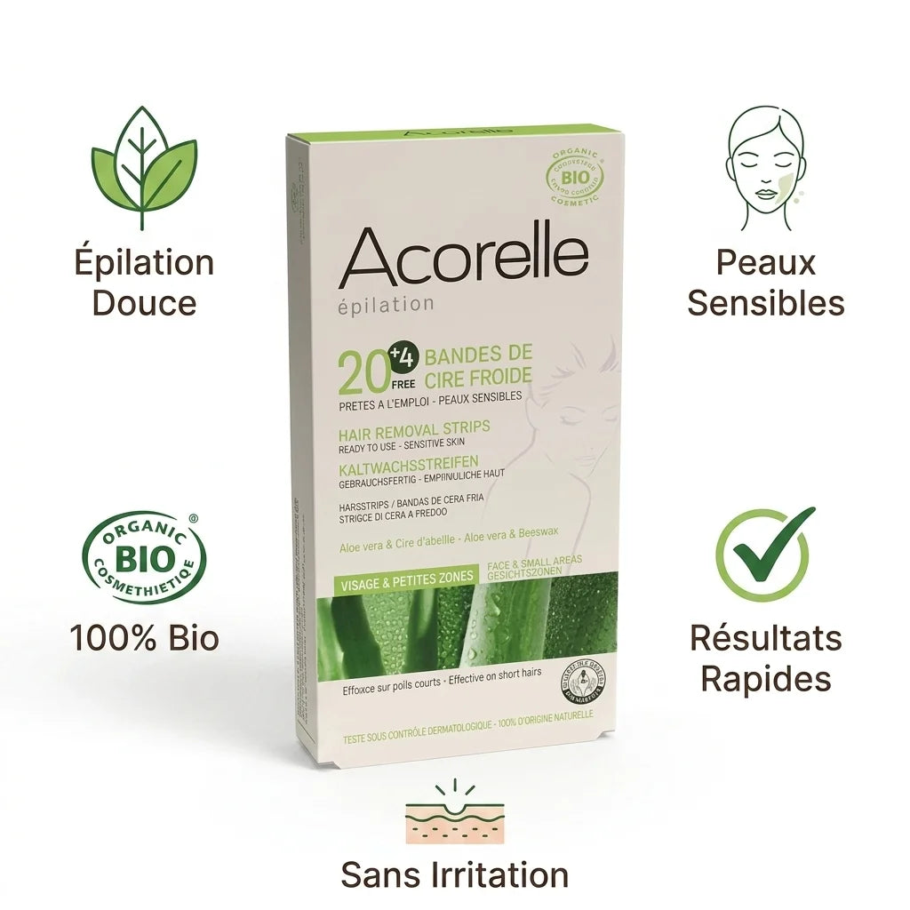 Bandes de cire froide Acorelle avec packaging vert, entourées d'icônes bénéfices épilation douce, peaux sensibles, bio certifié
