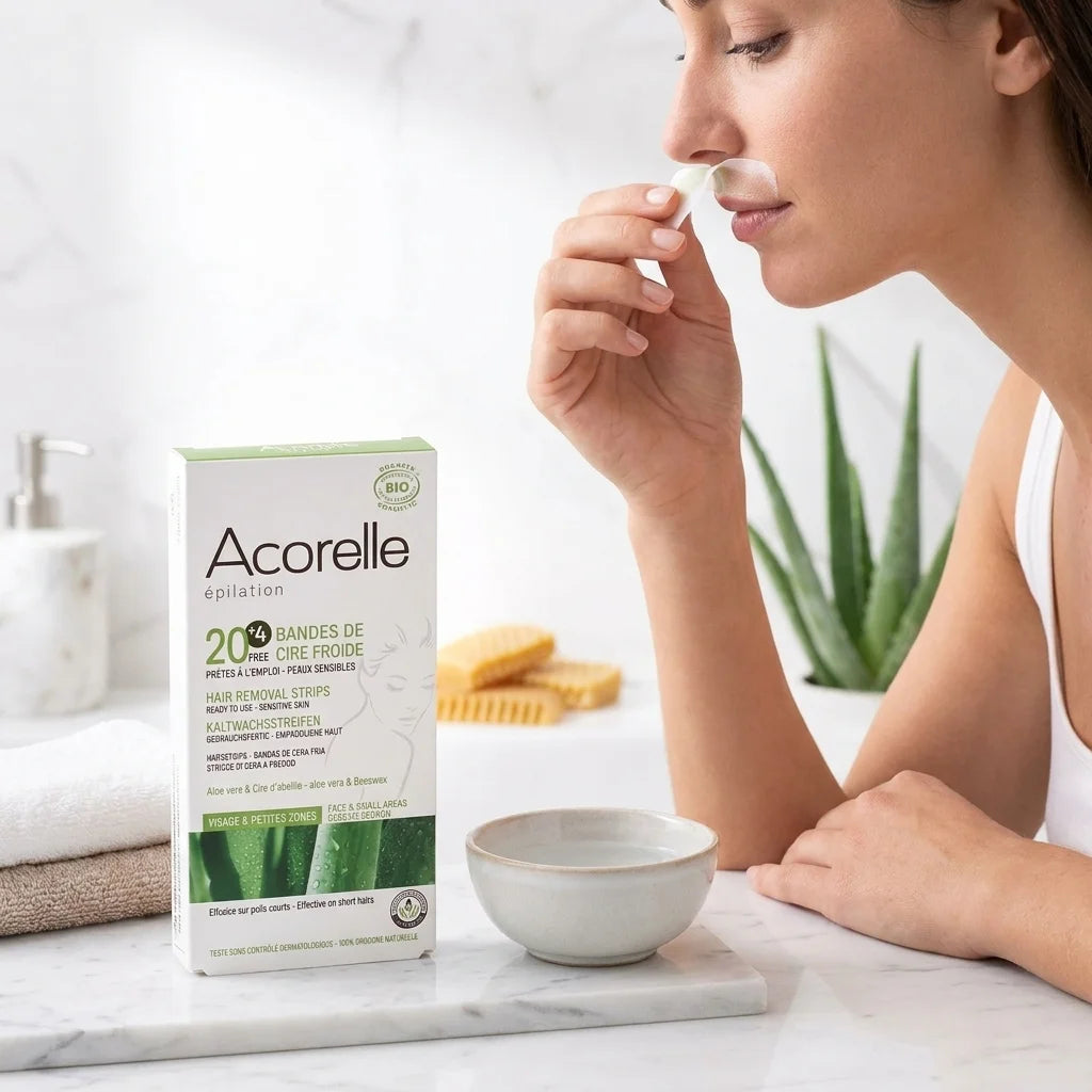 Bandes de cire froide Acorelle application visage femme salle de bain