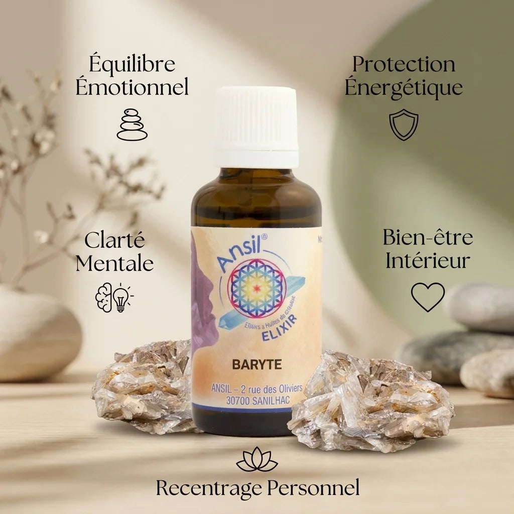 Élixir de cristal Baryte en flacon ambré avec minéraux bruts et 5 bénéfices énergétiques