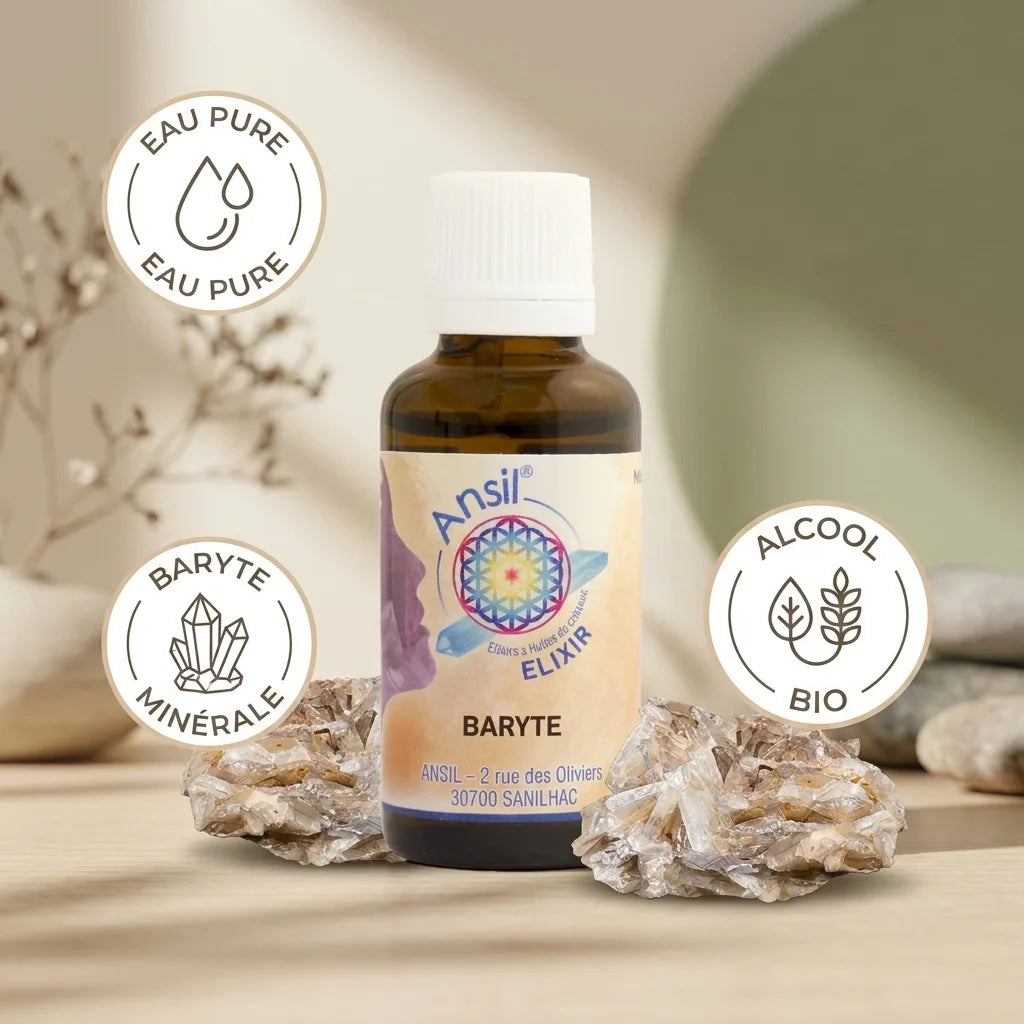 Élixir de cristal Baryte avec minéraux bruts et ingrédients naturels en composition spa luxe