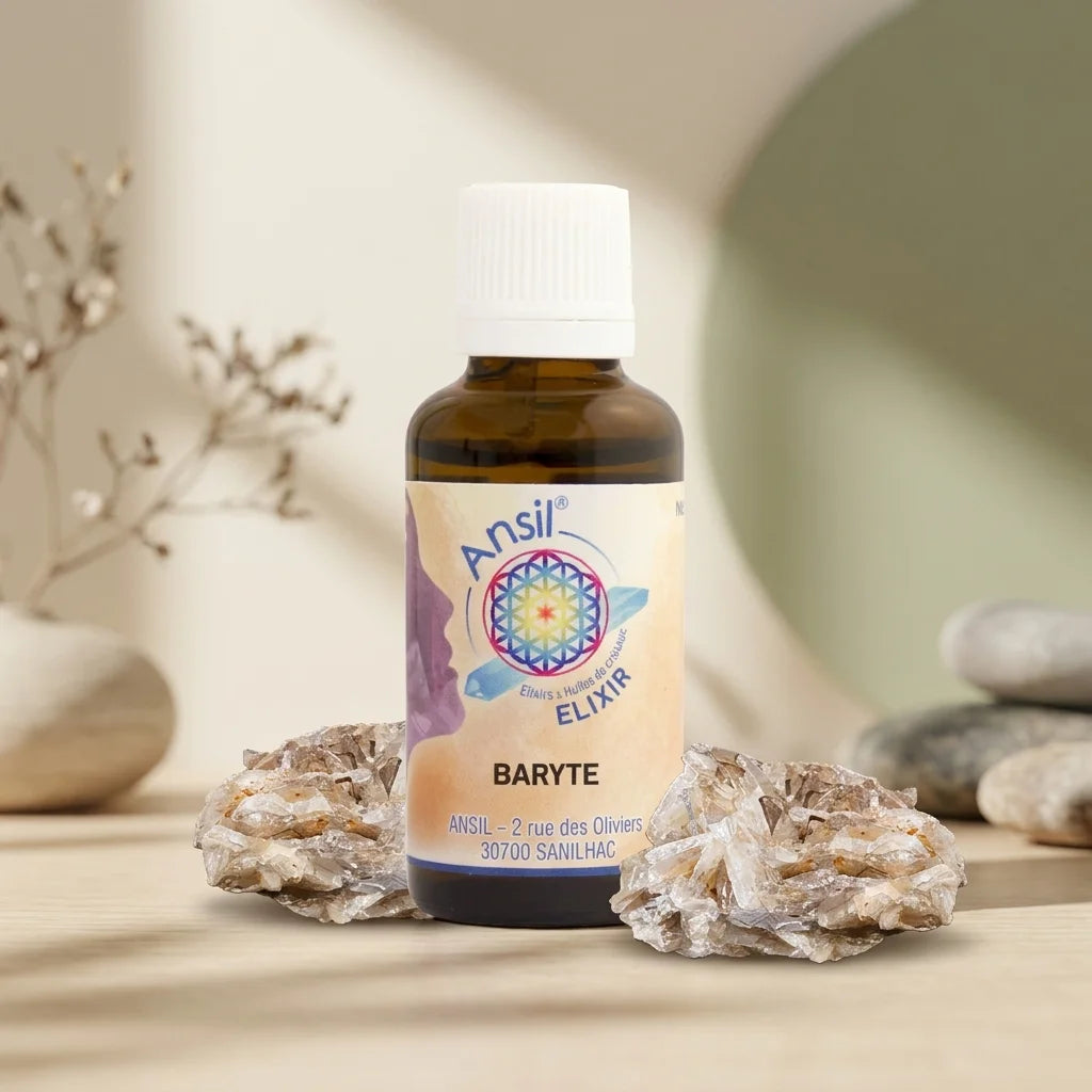 Flacon d'élixir de baryte Ansil avec cristaux minéraux bruts dans une ambiance zen luxe