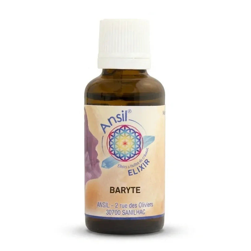 Bouteille Ansil Baryte élixir de cristal en verre ambré avec logo fleur de vie