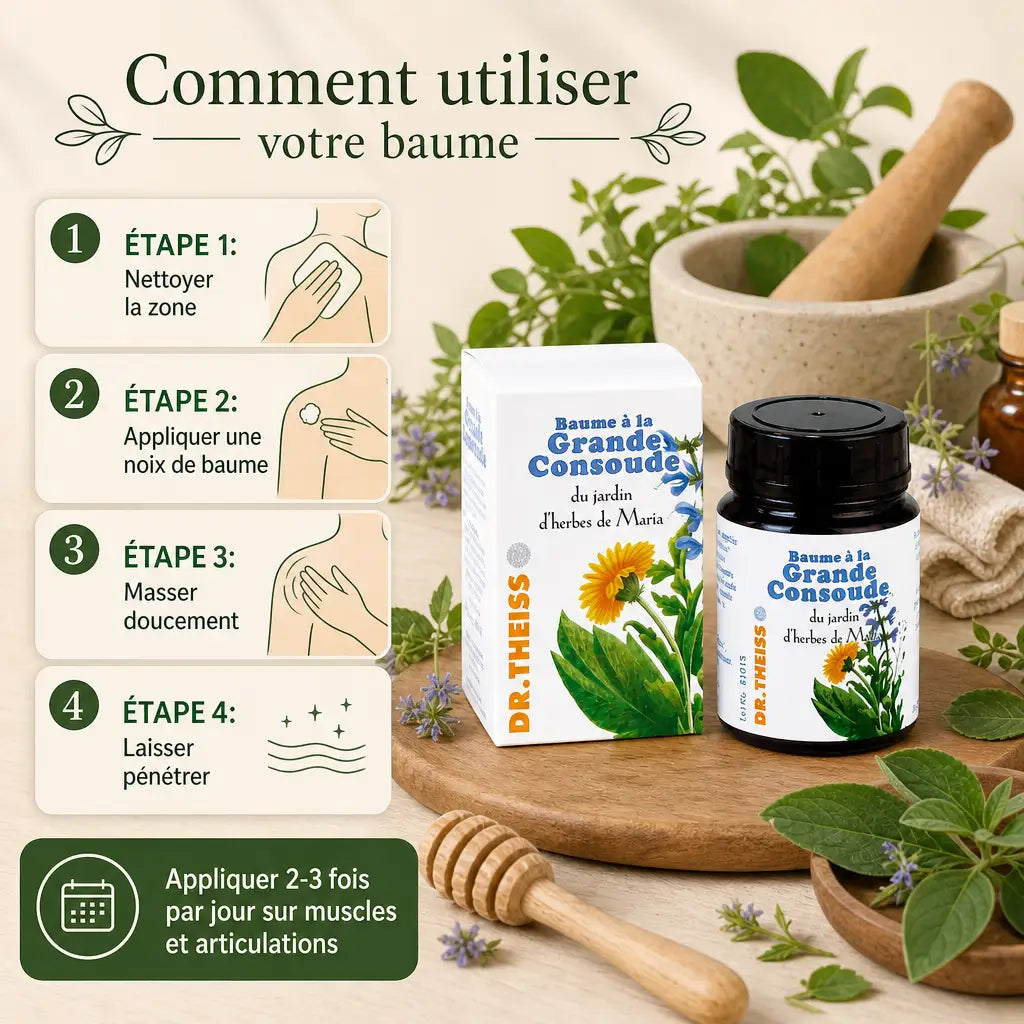 Baume à la Grande Consoude Dr Theiss avec guide d'application en 4 étapes pour muscles et articulations