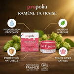 Baume à lèvres bio teinté fraise Propolia avec icônes bénéfices hydratation, nutrition et protection naturelle