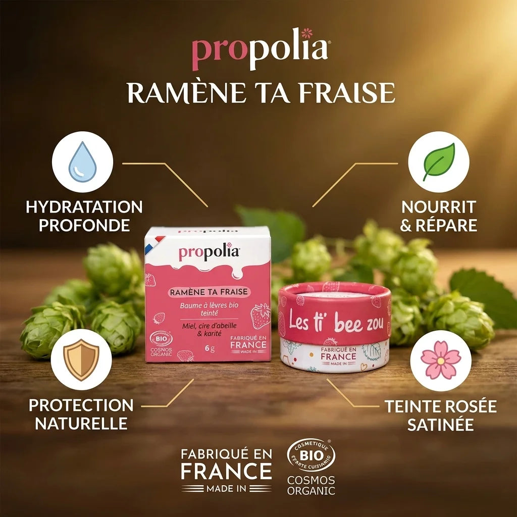 Baume à lèvres bio teinté fraise Propolia avec icônes bénéfices hydratation, nutrition et protection naturelle